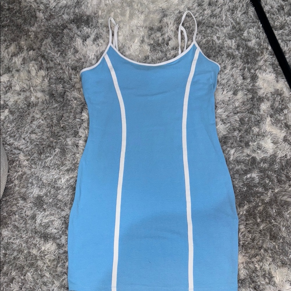 Blue Spaghetti Strap Dress with White Trim